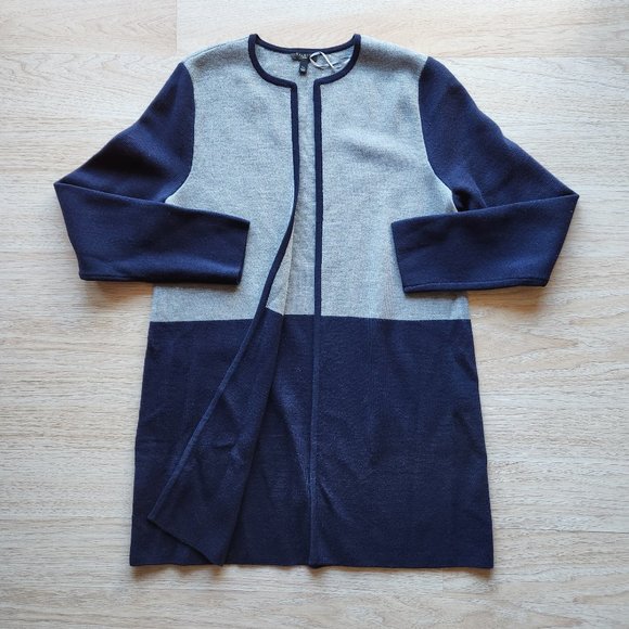 EUC Talbots Merino Wool Blend Open Long-Cardigan Sweater Color Block Grey Blue - Picture 2 of 10